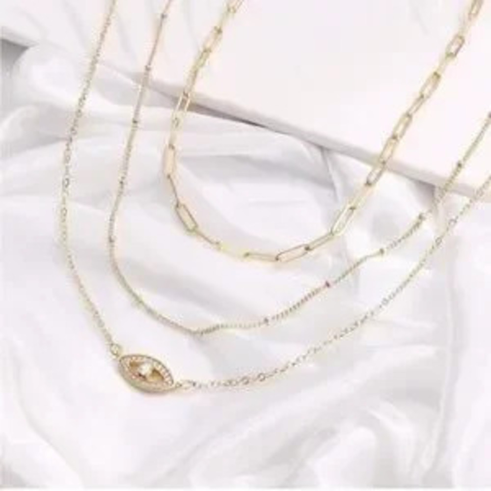14K Gold Plated CZ Evil Eye 3pc Chain Necklace Set
